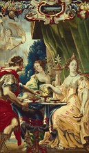 Cleopatra and Antony Enjoying Supper, from The Story of Caesar and Cleopatra, Brussels, c. 1680. Cleopatra dissolves a pearl in a cup of vinegar. Woven at the workshop of Gerard Peemans, after a desig...