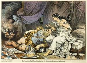The Republican Dalilah Stealthily deprives the Democratic Sampson of his Strength, from Puck, published November 10, 1880.
