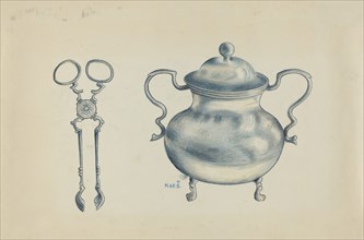 Silver Sugar Bowl and Tongs, c. 1936.