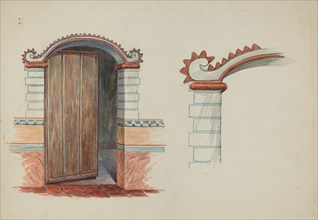 Restoration Drawing: Wall Decoration Over Doorway, Facade of Mission House, c. 1937.