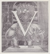 Initial Letter V (Elephant) to Volpone, 1898. Creator: Aubrey Beardsley.