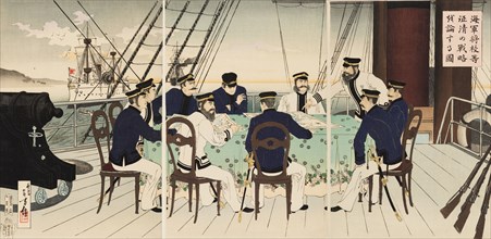 Picture of naval officers discussing battle strategy to be used against China, September 1894. Creator: Mizuno Toshikata.
