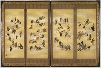 Screen depicting the four classes of Edo Japan, c. 1893 ; Meiji Period (1868 - 1912). Creator: Seppo.