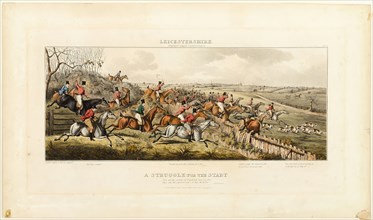 A Struggle for the Start, plate one from The Leicestershire Hunt, published 1825. Creator: John Dean Paul.