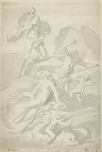 Polyphemus Throwing Boulder at Acis, with Galatea (recto), and Pholyphemus Lifting Boulder (verso). Creator: William Taverner.