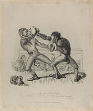 Monkeys Boxing, from Monkey-ana, April 1828. Creator: Thomas Landseer.