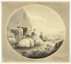 Herdsmen, Cows and Sheep in Landscape, n.d. Creator: William Pether.