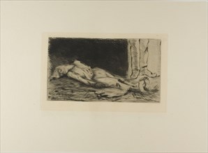 Plate from l'Assommoir (woman lying on floor), 1878. Creator: Gaston la Touche.