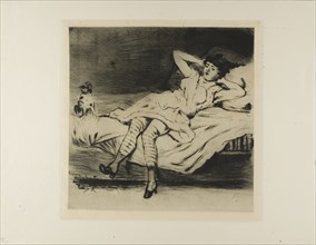 Plate from l'Assommoir (dancer reclining on bed, with cat), 1878. Creator: Gaston la Touche.