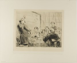 Plate from l'Assommoir (man proposing a toast at table with five other people), 1878. Creator: Gaston la Touche.