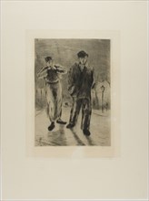 Plate from l'Assommoir (two boys on gaslit street), 1878. Creator: Gaston la Touche.