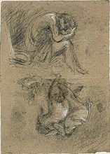 Sketches: Seated Man with Head in Hands and Two Figures Bendin..., 1847/75 (recto); 1863/64 (verso). Creator: Jean-Baptiste Carpeaux.