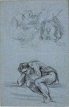 Seated Figure with Head in Hands and Two Caricatures (recto); Four Figures in a Lunet..., 1847/1875. Creator: Jean-Baptiste Carpeaux.