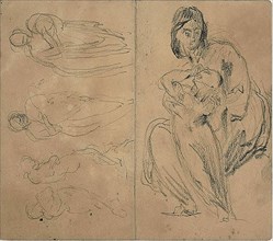 Sketches: Four Figures and Seated Mother and Child (recto); Seate..., 1860 (recto); 1847/75 (verso). Creator: Jean-Baptiste Carpeaux.