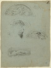 Standing Figure in a Niche and Studies for the Ugolino Group (recto); Red-Robed Prelate..., 1857/58. Creator: Jean-Baptiste Carpeaux.