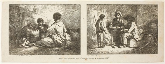 Children with a Dog and Sheep and Peasant Family by a Fire, n.d. Creator: Jean Baptiste Marie Huet.