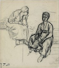 Two Studies of a Seated Peasant Woman (recto); Study of a Young Girl Wearing a Hat (verso), c. 1869. Creator: Jean Francois Millet.