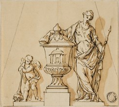 Design for a Funerary Monument with Fate, Putto, and Urn, n.d. Creators: John Michael Rysbrack, Sir James Thornhill.