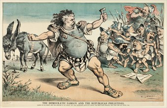 The Democratic Samson and the Republican Philistines, from Puck, published September 15, 1880. Creator: Joseph Keppler.
