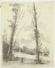 View of the Park at Versailles: Two Poplar Trees with Balustraded Walk in Background, n.d. Creator: Pierre Antoine Mongin.