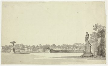 View of the Park at Versailles: Terrace with Urn, Sphinx and Female Statue, n.d. Creator: Pierre Antoine Mongin.