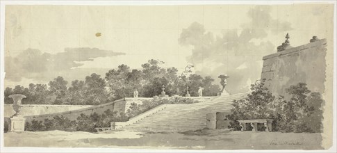 View of the Park at Versailles: Staircase, Urns and Topiaries, n.d. Creator: Pierre Antoine Mongin.