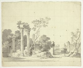 View of the Park at Versailles: Ruined Columns and an Open Iron Gate, n.d. Creator: Pierre Antoine Mongin.