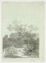 View of the Park at Versailles: Fishing in Pond Near Grove of Trees, n.d. Creator: Pierre Antoine Mongin.
