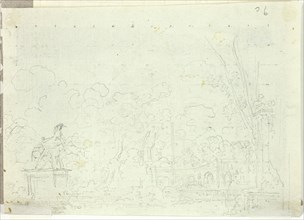 View of the Park at Versailles: Equestrian Statue Among Trees, n.d. Creator: Pierre Antoine Mongin.