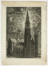 Firework around the Antwerp Cathedral, plate 41 from Casperius Gevartius, Pompa Introitus ..., 1642. Creator: Unknown.