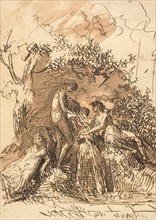Young Girls at a Fountain (recto); Fragment of Sketch of Legs (verso), 1790-1799 (recto); 1781/1847  Creator: Johann Christian Reinhart.