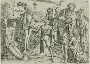 The King's Sons Shooting Their Father's Corpse, c. 1500, printed. Creator: Master MZ.