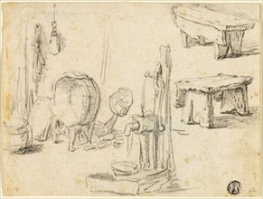 Sketches of Pump, Washtub, Benches, n.d. Creator: Unknown.