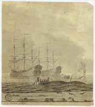 Whaling Ships and Small Boats with Whale, 1769. Creator: Cornelis Ouboter van der Grient.