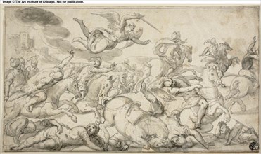 Battle Scene with Horsemen Fleeing from Avenging Angel, c. 1650. Creator: Dirck Hals.