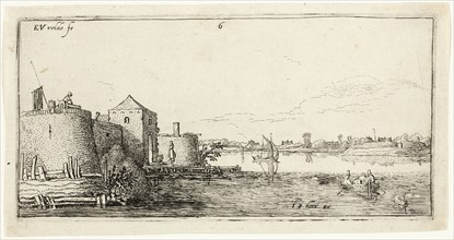 Ten Landscapes: Walled River Town to the Left of a River, 1615/16. Creator: Esaias van de Velde.