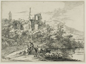 Landscape with Ruins and Two Cows at the Waterside, from a series of four horizontal..., 1645/50. Creator: Jan Dirksz Both.