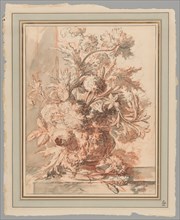 Flowers in an Urn Decorated with Putti, on a Plinth, early 18th century. Creator: Jan van Huysum.