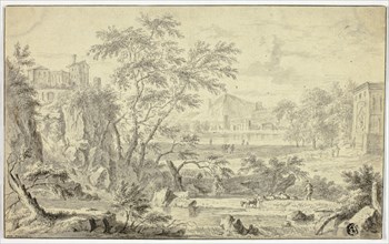 Italianate Landscape with Shepherd and Flock by Stream, Town in the Distance, n.d. Creator: Jan van Huysum.