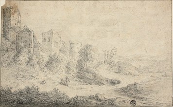 Landscape with Ruined Castle and Three Figures, 1664. Creator: Pieter Molijn.