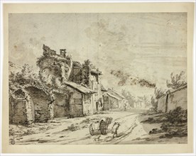 Horse, Cart and Peasants on Road by Old Houses, n.d. Creator: Pieter Mulier the younger.