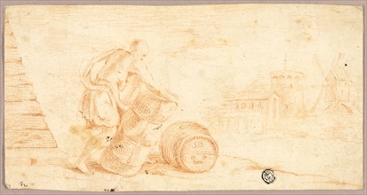 Man Moving Bale, Cask, with Windmill in Distance, n.d. Creator: Unknown.