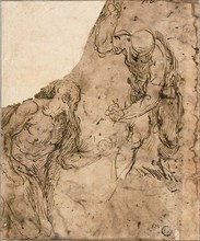 Two Sketches of Male Nudes, One Kneeling, One Standing (recto); Three Sketches..., 1600/09. Creator: Jacopo Palma.