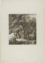 Nymph Hiding in a Tree, plate eight from Paysages Dédiés à M. Warelet, 1764. Creator: Salomon Gessner.