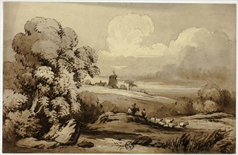 Rolling Hills with Windmill and Sheep, n.d. Creator: James Robertson.