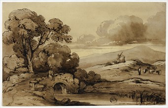 Landscape with Stone Bridge in Foreground and Cows on Hillside, n.d. Creator: James Robertson.