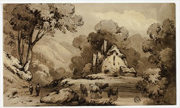 Wooded Landscape with Cottage Beside Pond with Standing Cows, n.d. Creator: James Robertson.