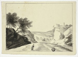 Draped Figure in Landscape with Castle on a Cliff, n.d. Creator: Unknown.