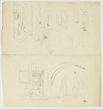 Sketches of Doorway, Figures, Building with Side Entrance to Church (r); Sketch of Spire (v), n.d. Creator: Unknown.