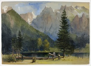 Two Men by Pond below Alps, 1800-1899. Creator: Unknown.